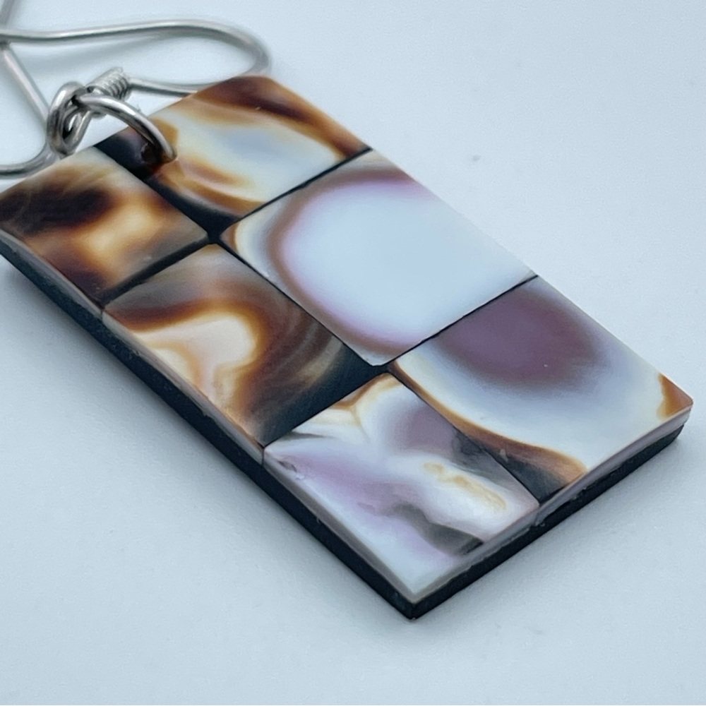Boho Mosaic Shell Rectangle Earrings Brown White … - image 4